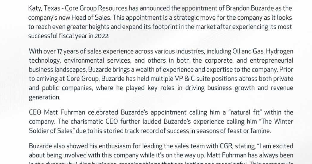 Core Group Resources WelcomesBrandon Buzarde as new Head of Sales